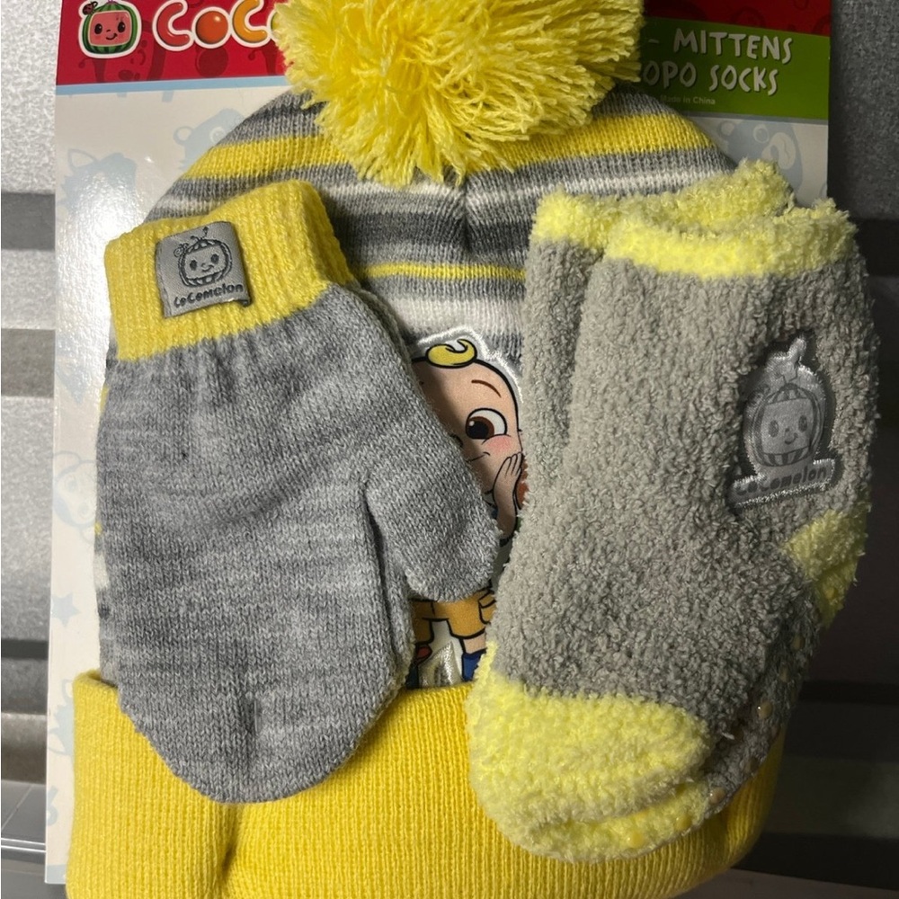 Gray and Yellow Kids Hat, Mittens, and Socks Set